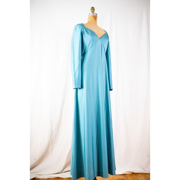 Vintage 70s Aqua Maxi Dress, Eva Gabor by Estevez Formal Evening Gown Retro Med - Picture 5 of 12